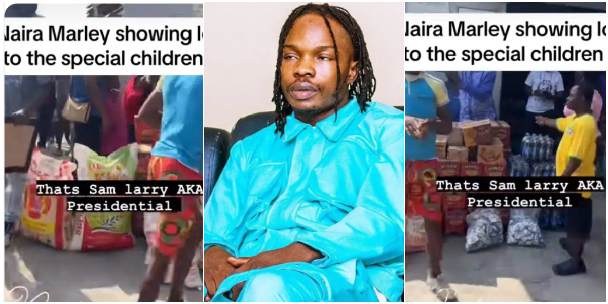 Naira Marley spotted distributing bags of rice, noodles, drink to special kids after bail (Video)
