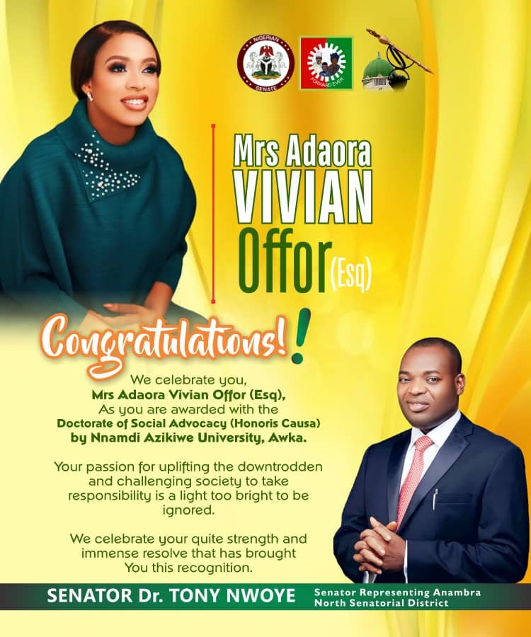 Senator Tony Nwoye felicitates Mrs Adaora Vivian Offor, Esq on Doctorate Degree Conferment 1 IMG 20240531 WA0079
