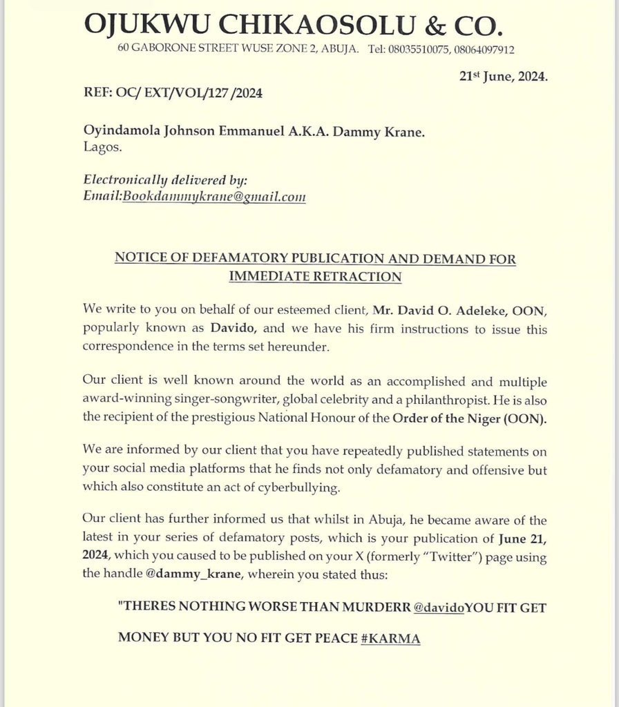 Davido’s New Lawyers Write Dammy Krane, Give Him 24 Hours Over Viral ‘Murderer and Cheat’ Post 2 Davido’s New Lawyers Write Dammy Krane