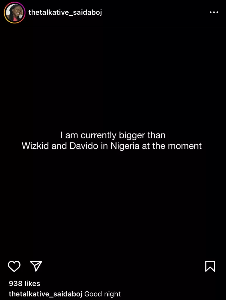 I’m Currently Bigger Than Davido And Wizkid In Nigeria — Saida Boj, Brags  