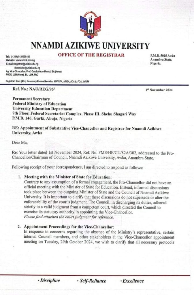 Re: We Followed Due Process In The Appointment Of Prof Odoh As UNIZIK Vice Chancellor,Registrar/Secretary Of Council 3 IMG 20241103 WA0049