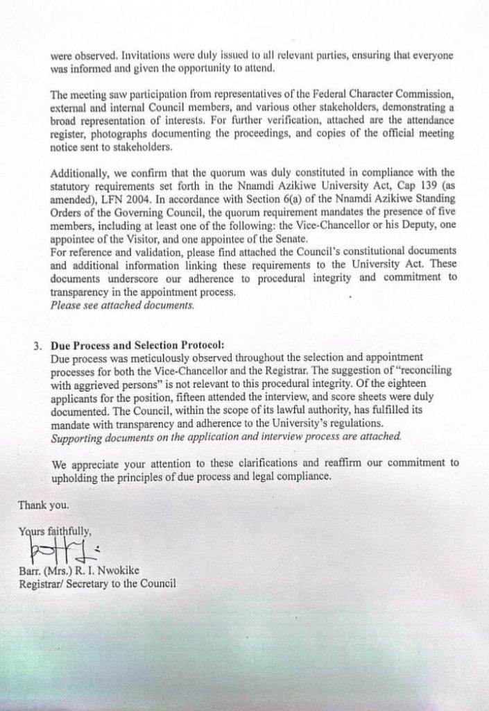 Re: We Followed Due Process In The Appointment Of Prof Odoh As UNIZIK Vice Chancellor,Registrar/Secretary Of Council 4 IMG 20241103 WA0050