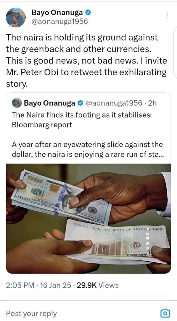 Netizens React As Onanuga Invites Peter Obi To Retweet "$1 Exchange To N1,550" Report 2 operanews1737051612210