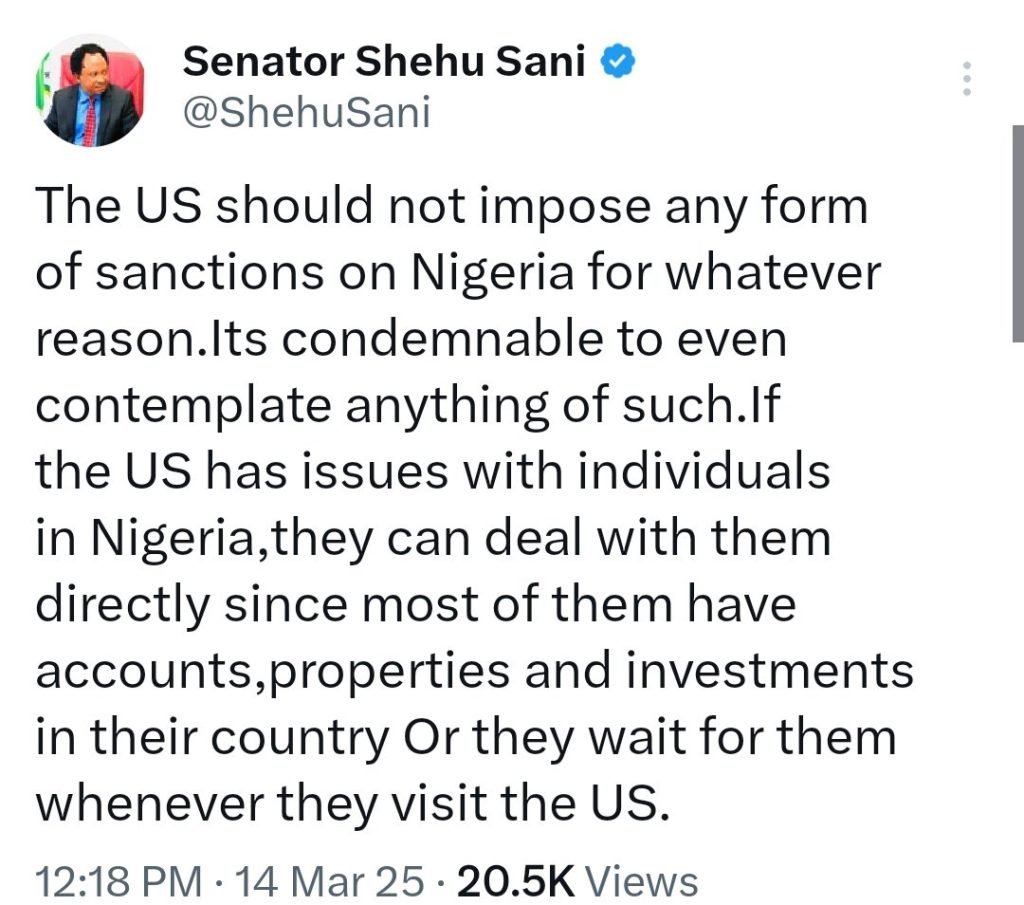 Shehu Sani Reacts As US House Urges Trump To Sanction Nigeria Over Killings 2 operanews1741967923063